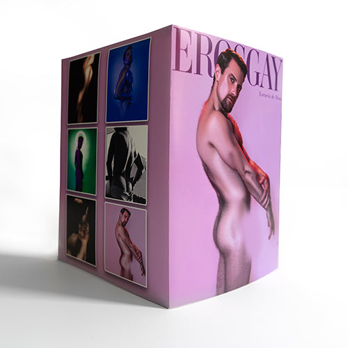 Empaque del Sixpack de ErosGay del modelo Dima, en tono lila/rosa y fotografiado en vista 3/4 sobre fondo blanco. Al frente aparece Dima en pose de perfil con el título “EROSGAY” en la parte superior; en el costado se muestra una cuadrícula de seis miniaturas de la colección (con variaciones de color y blanco y negro).